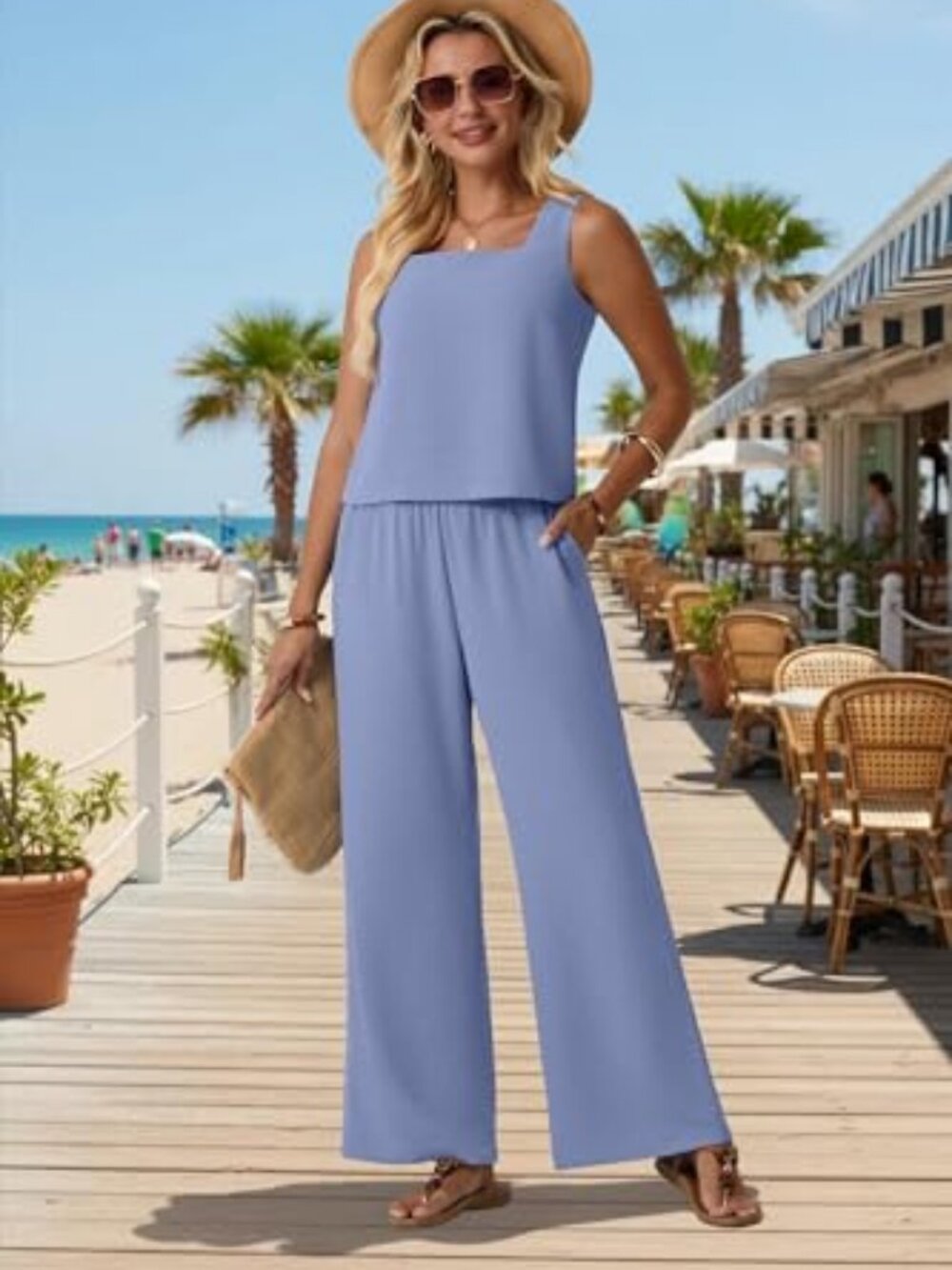 Lepunuo Women Summer 2 Piece Sets Wide Leg Pants Matching Sets